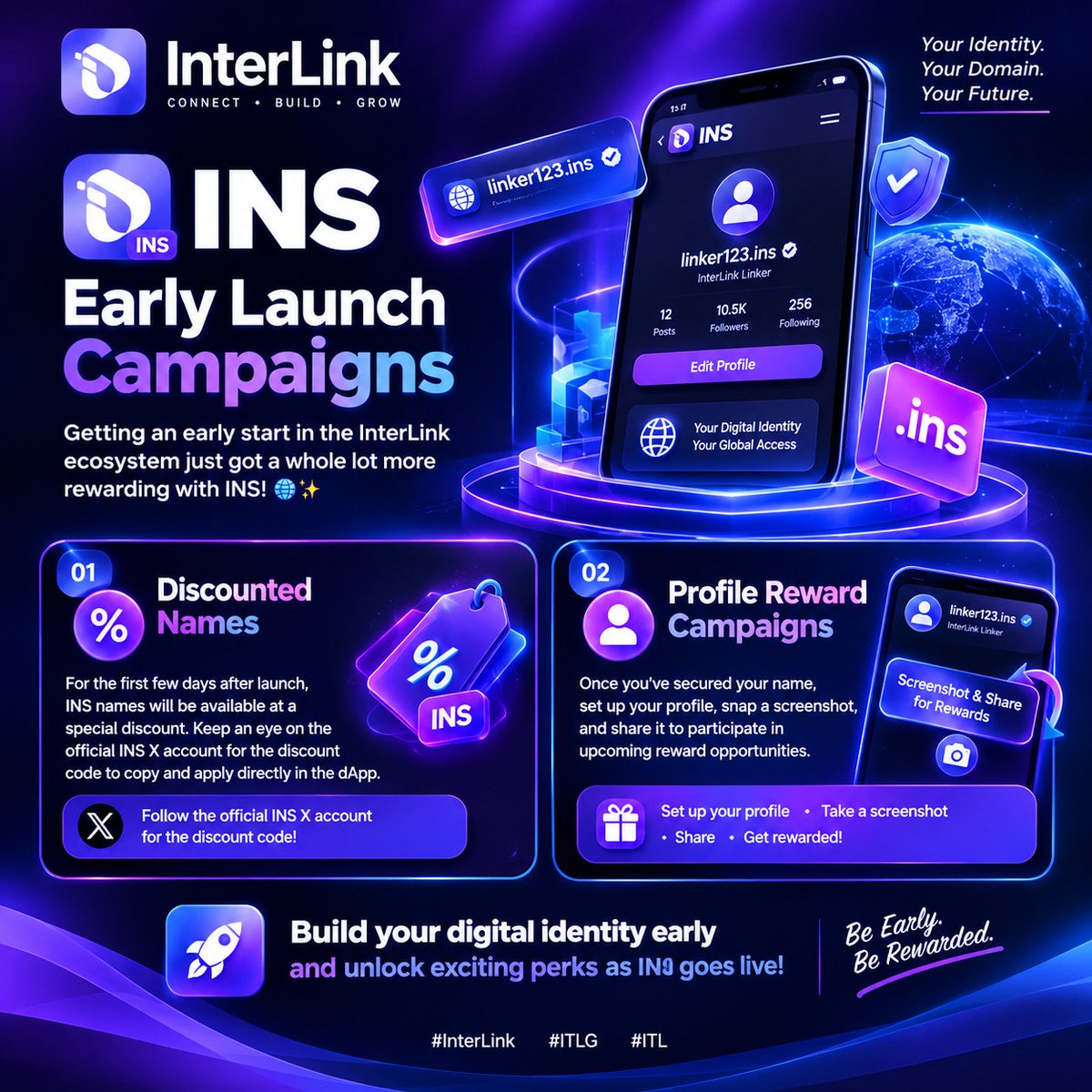 Diamond4sunnah's tweet photo. INS Early Launch Campaigns
Getting an early start in the InterLink ecosystem just got a whole lot more rewarding with INS! 🌐✨
Discounted Names: For the first few days after launch, INS names will be available at a special discount. Keep an eye on the official INS X account for the discount code to copy and apply directly in the dApp.
Profile Reward Campaigns: Once you've secured your name, set up your profile, snap a screenshot, and share it to participate in upcoming reward opportunities.
Build your digital identity early and unlock exciting perks as INS goes live!
#InterLink #ITLG #ITL
