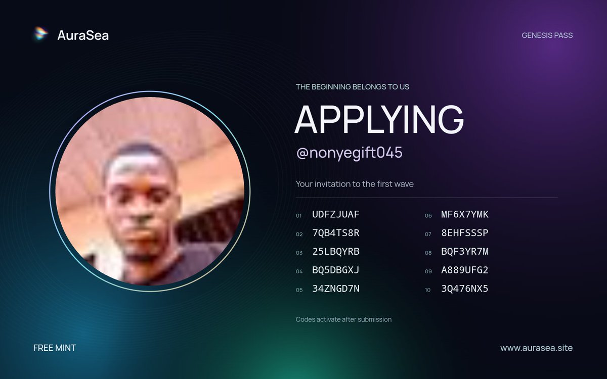 nonyegift045's tweet photo. I’m applying for the @auraseaonly Genesis Pass FREE MINT whitelist!

Apply here: https://t.co/RES4fhZvDJ

My codes activate after submission:
UDFZJUAF 7QB4TS8R 25LBQYRB BQ5DBGXJ 34ZNGD7N MF6X7YMK 8EHFSSSP BQF3YR7M A889UFG2 3Q476NX5 https://t.co/qwWImsPDMc