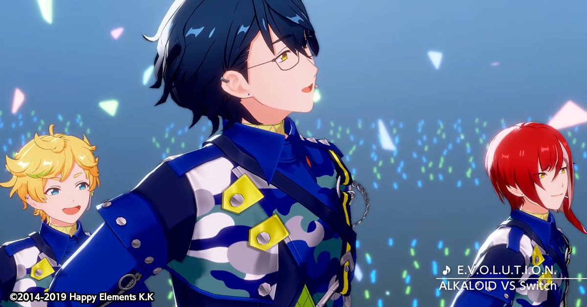 enstars_music's tweet photo. 【お知らせ】

本日15時〜
『ALKALOID VS Switch』が歌う、『E.V.O.L.U.T.I.O.N.』を追加しました！

また、新規楽曲追加を記念して【『E.V.O.L.U.T.I.O.N.』登場！ライブフェス！】を開催中🌟

期間中、通常ライブ&amp;あんさんぶるライブで育成アイテムドロップ率アップ！

#あんスタ https://t.co/AOFjkds2Fh
