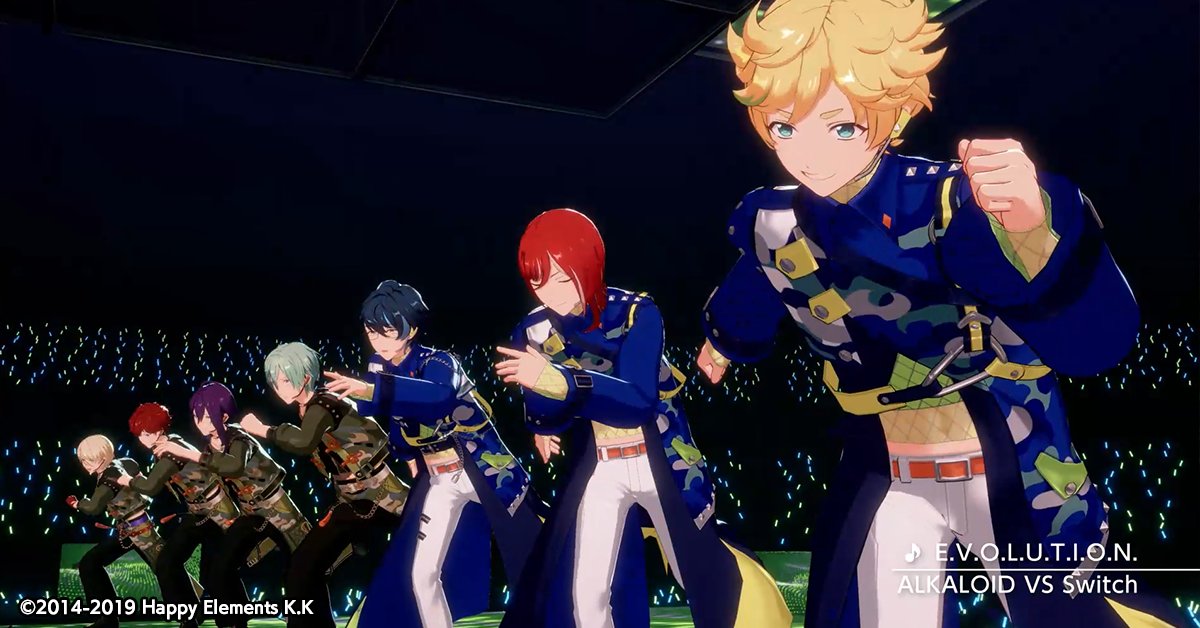 enstars_music's tweet photo. 【お知らせ】

本日15時〜
『ALKALOID VS Switch』が歌う、『E.V.O.L.U.T.I.O.N.』を追加しました！

また、新規楽曲追加を記念して【『E.V.O.L.U.T.I.O.N.』登場！ライブフェス！】を開催中🌟

期間中、通常ライブ&amp;あんさんぶるライブで育成アイテムドロップ率アップ！

#あんスタ https://t.co/AOFjkds2Fh