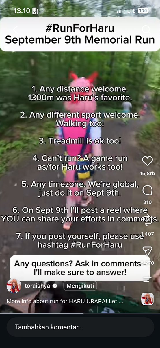 mahju_2k18's tweet photo. September 9th Memorial Run of Haru Urara

This campaign was initiated by cosplayer Toraishya in Instagram to commemorate Haru Urara.

このキャンペーンは、コスプレイヤーのtoraishyaさんがInstagramでハル・ウララを記念して始めたものです。

#RunforHaru #HaruUraRun #umamusume https://t.co/jFrS6ApkW3