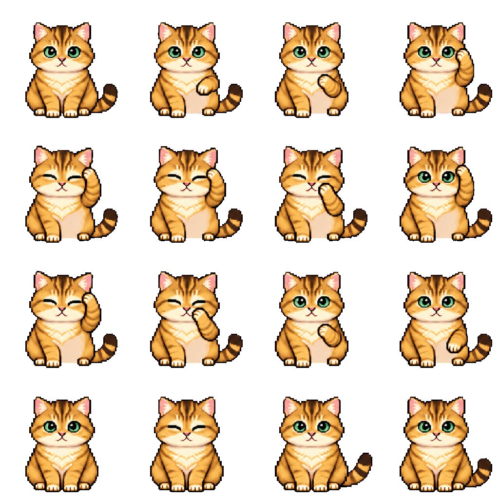 A 4 by 4 pixel-art sprite sheet generated from a pet cat photo