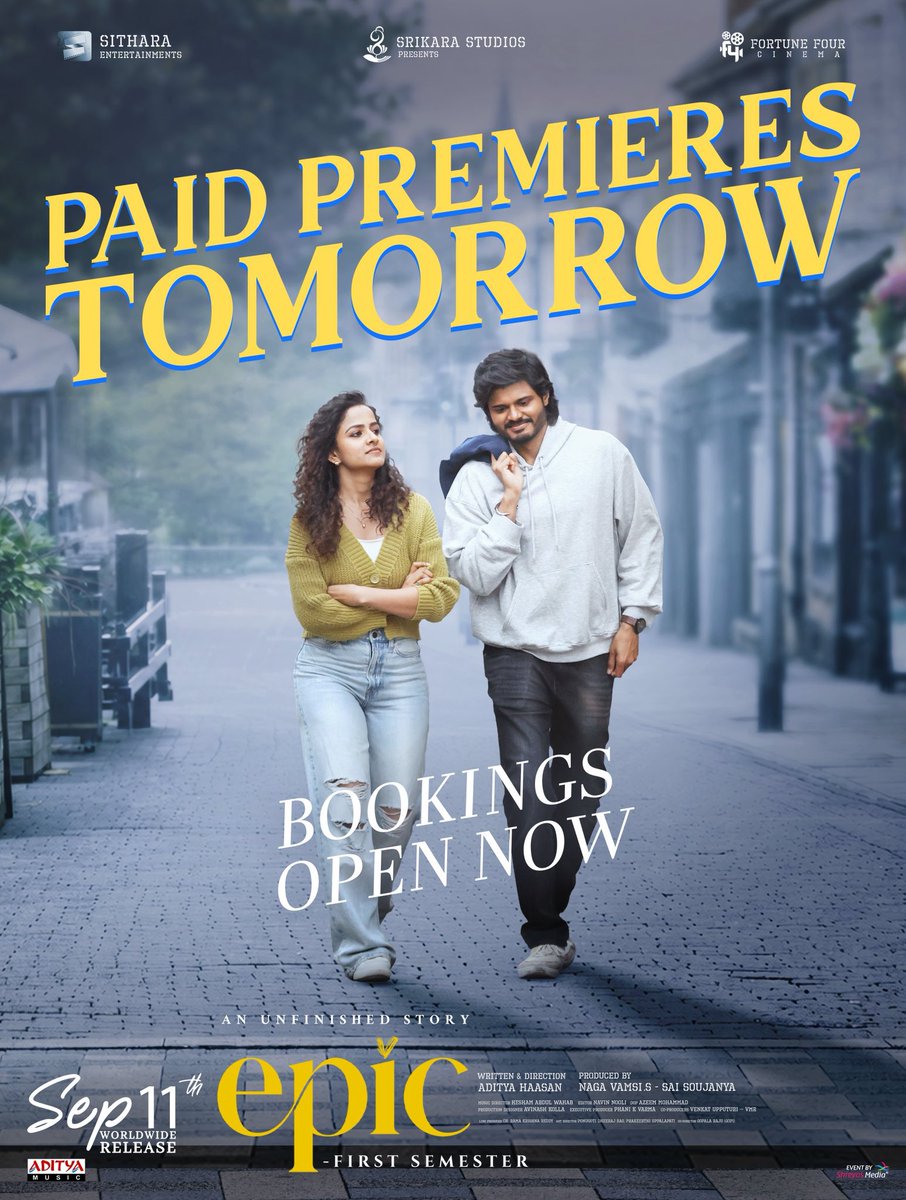 RajuKuntaFilms's tweet photo. Are you ready for your first #EPIC experience? 

#EPIC ~ First Semester Grand Paid Premieres from Tomorrow. 🤩

Book your tickets now 🎟️ 
https://t.co/KggaxUmcdo

#EPIConSep11th 
Nizam Release Through @mythrirelease ✨️ https://t.co/WWOTN6NWsR