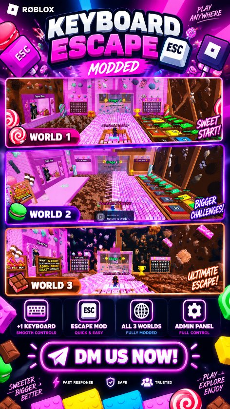 Creatorblox_'s tweet photo. 🎮Keyboard Escape MODDED is here!

⌨️100+ Features
⎋ Custom mods available
🌍All 3 Worlds
⚙️Admin Panel

Fully modded &amp; ready to play🔥
📩DM us NOW to get started!

#Roblox #RobloxDev #KeyboardEscape #RobloxMods #GameDev #Gaming https://t.co/U23itbFy75