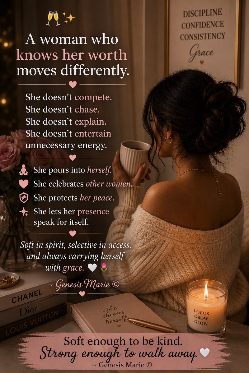 goddessofgrace_'s tweet photo. 🥂✨

“Not every battle deserves a response. Not every door deserves access. Some of the most powerful women move in silence, protect their peace, and let their growth make all the noise. Grace is their language, and self-respect is their crown.”

~ Genesis Marie © https://t.co/akt2H7lJh3