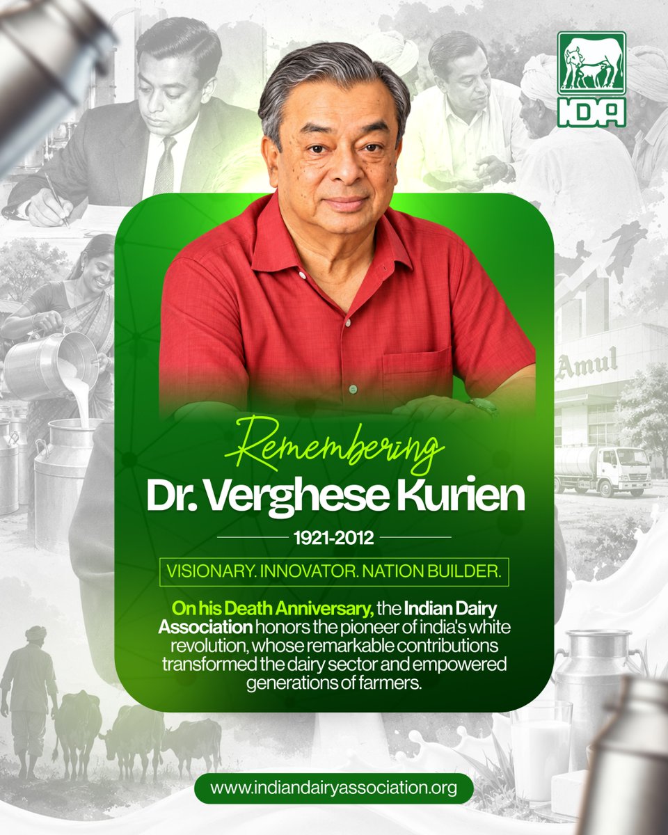 IndianDairyAsso's tweet photo. Dr. Verghese Kurien — the visionary behind India’s White Revolution
Dr. Kurien helped empower millions of farmers and helped India emerge as the world’s leading milk producer.
🌐 https://t.co/dNvo8BI7qA
#IndianDairyAssociation #VergheseKurien #WhiteRevolution https://t.co/xObsjNC3lH