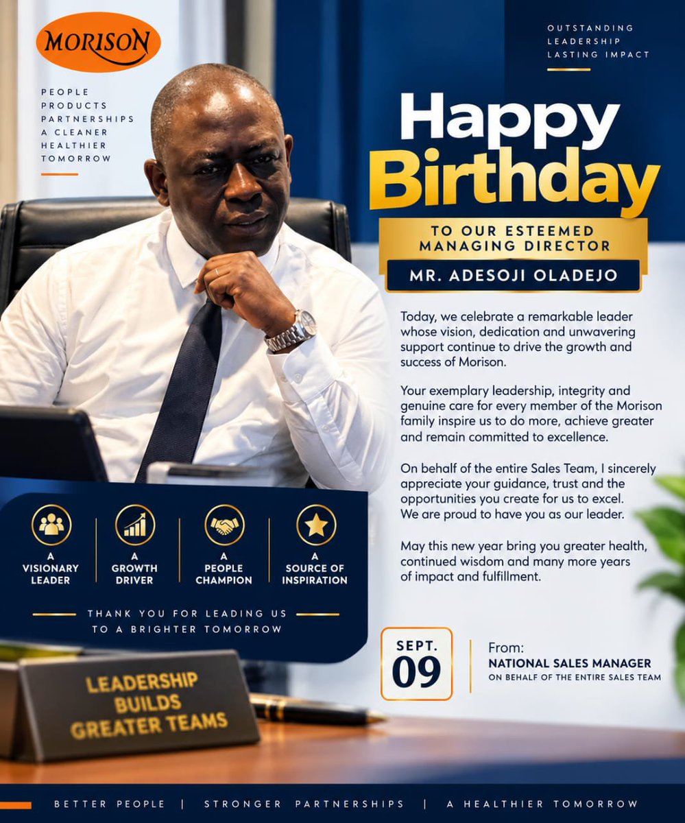 Morisonindustr1's tweet photo. Celebrating an exceptional leader today! 🎉

Happy Birthday to our esteemed Managing Director, Mr. Adesoji Oladejo. Your vision, integrity and commitment continue to inspire growth and excellence.

Wishing you many more year!

#happybirthday #morisonindustriesplc #nigeria https://t.co/kSkJ5wc2rX