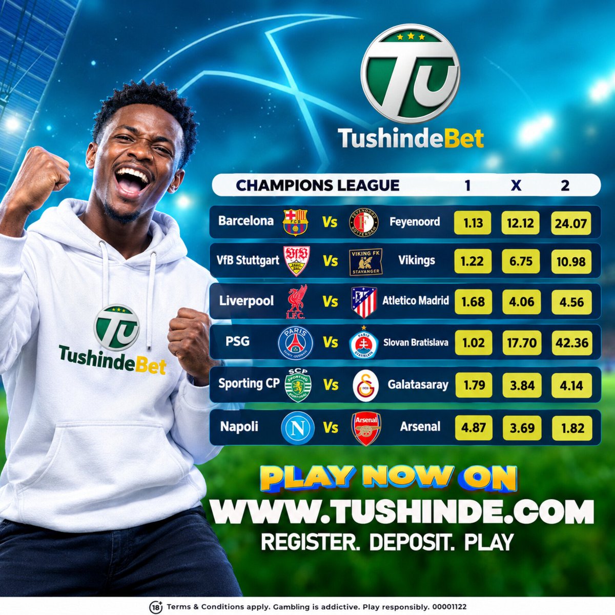 TushindeBet's tweet photo. 🚨 CHAMPIONS LEAGUE MIDWEEK IS HERE! 🚨

Big nights. Big games. Bigger action. 🔥⚽

🎯 Lock in your predictions on TushindeBet before kickoff!

💰 REGISTER. DEPOSIT. PLAY.
🌐 https://t.co/WB0If7nPPU

🔞 18+ | Gambling is addictive. Play responsibly. https://t.co/Tbpie0BMSh