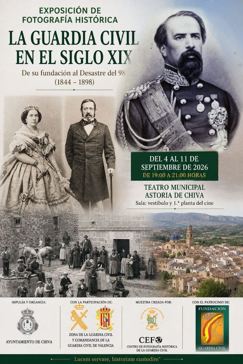 FraileMorinigo's tweet photo. 📸 @AyuntaChiva acoge la exposición «La @guardiacivil en el siglo XIX», una muestra fotográfica histórica del CEFO que recorre la evolución del Cuerpo desde su fundación en 1844 hasta el Desastre del 98.
📍 Teatro Municipal Astoria 📅 Del 4 al 11 de septiembre 🕖 19:00–21:00 h https://t.co/skasggIqYU