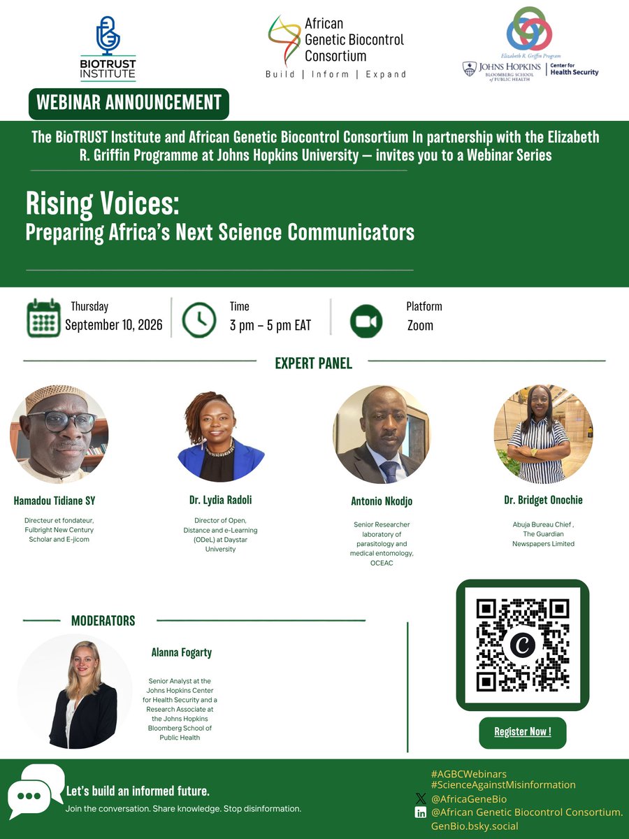 AfricaGeneBio's tweet photo. @AfricaGeneBio invites you to webinar 6 in the "Truth Under The Microscope" series.

Join us Thursday Sep. 10, 3 pm to 5 pm EAT/ 12 Noon GMT.

Topic: Rising Voices: Preparing Africa’s Next Science Communicators.

Register here: https://t.co/NksbsDz5VX

#AGBCWebinars #SCICOM https://t.co/mvqel343Bs
