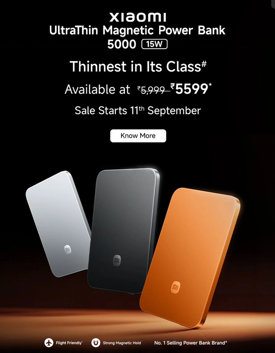 iRaj_r's tweet photo. Xiaomi has expanded its power bank lineup in India with three new options 🔋⚡

5000mAh UltraThin Magnetic Power Bank
Super slim design with 15W wireless + 22.5W wired charging
💰 ₹5,599

20000mAh 165W Power Bank 
Massive capacity, built-in Type-C cable, display and up to 165W output
💰 ₹4,999

10000mAh Magnetic Power Bank
25W Qi2 wireless + 45W wired charging with a built-in USB-C cable
💰 ₹3,699

That 20,000mAh 165W model for ₹4,999 looks particularly interesting! 

Which one would you pick?