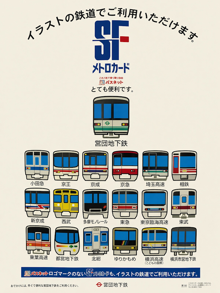 nqh2ZnSJN4pcODK's tweet photo. ■営団地下鉄の昔のポスター
2001年に駅で撮った「SFメトロカード」（イオカードの営団地下鉄版といったところか？）のポスターをAIで綺麗にしています。当時の各社代表車両？が面白いですね。＃東京メトロ https://t.co/SEGDoItnfI