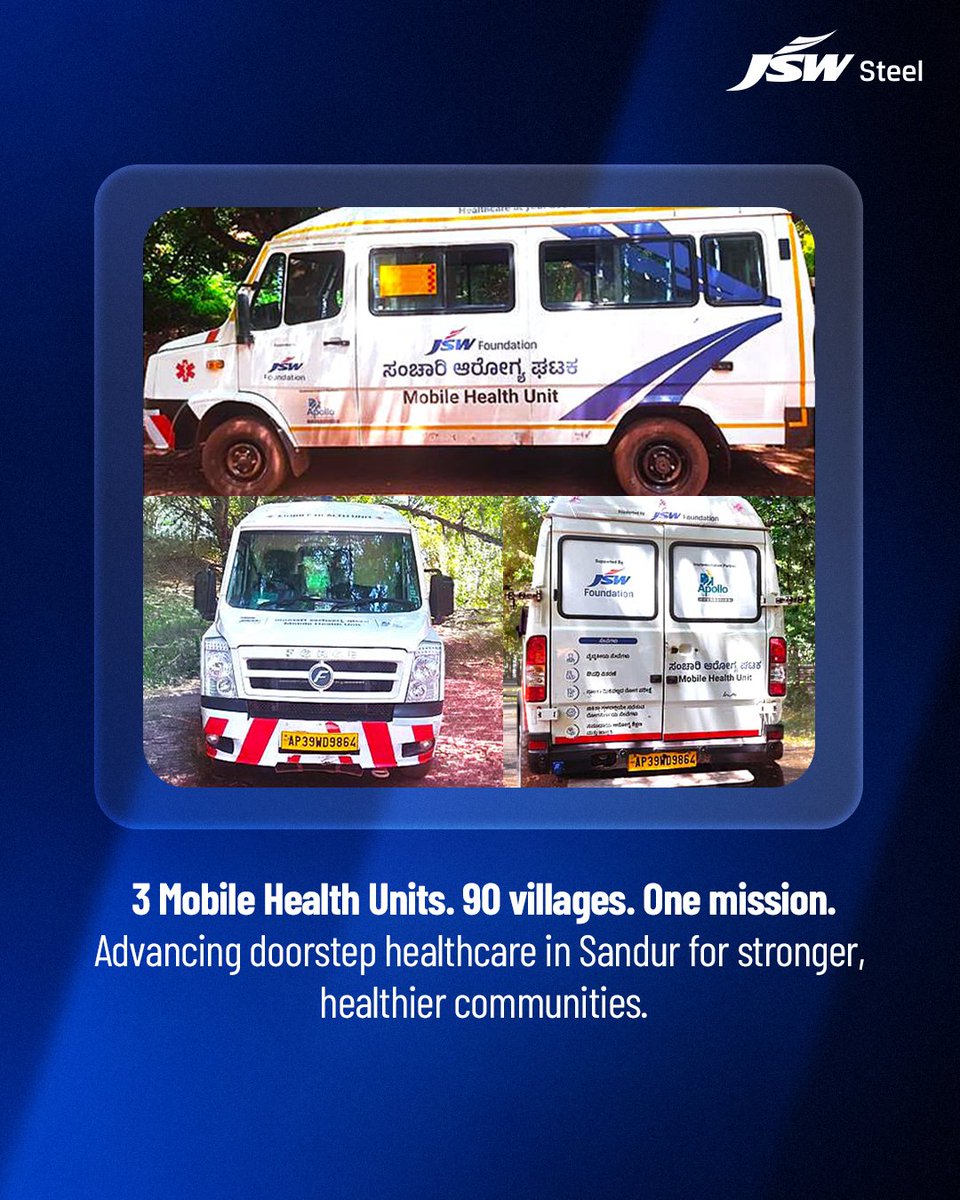 jswsteel's tweet photo. Reimagining access to care, we at JSW are strengthening community health in Sandur with the launch of three Mobile Health Units. Reaching 90 villages, the initiative delivers preventive services, early diagnosis and continuous medical support, bringing quality care closer to every doorstep. Together, we are building stronger, healthier communities.

#JSWSteel #InnovationIsAlwaysAround #CommunityHealth #HealthcareForAll #MobileHealthUnits