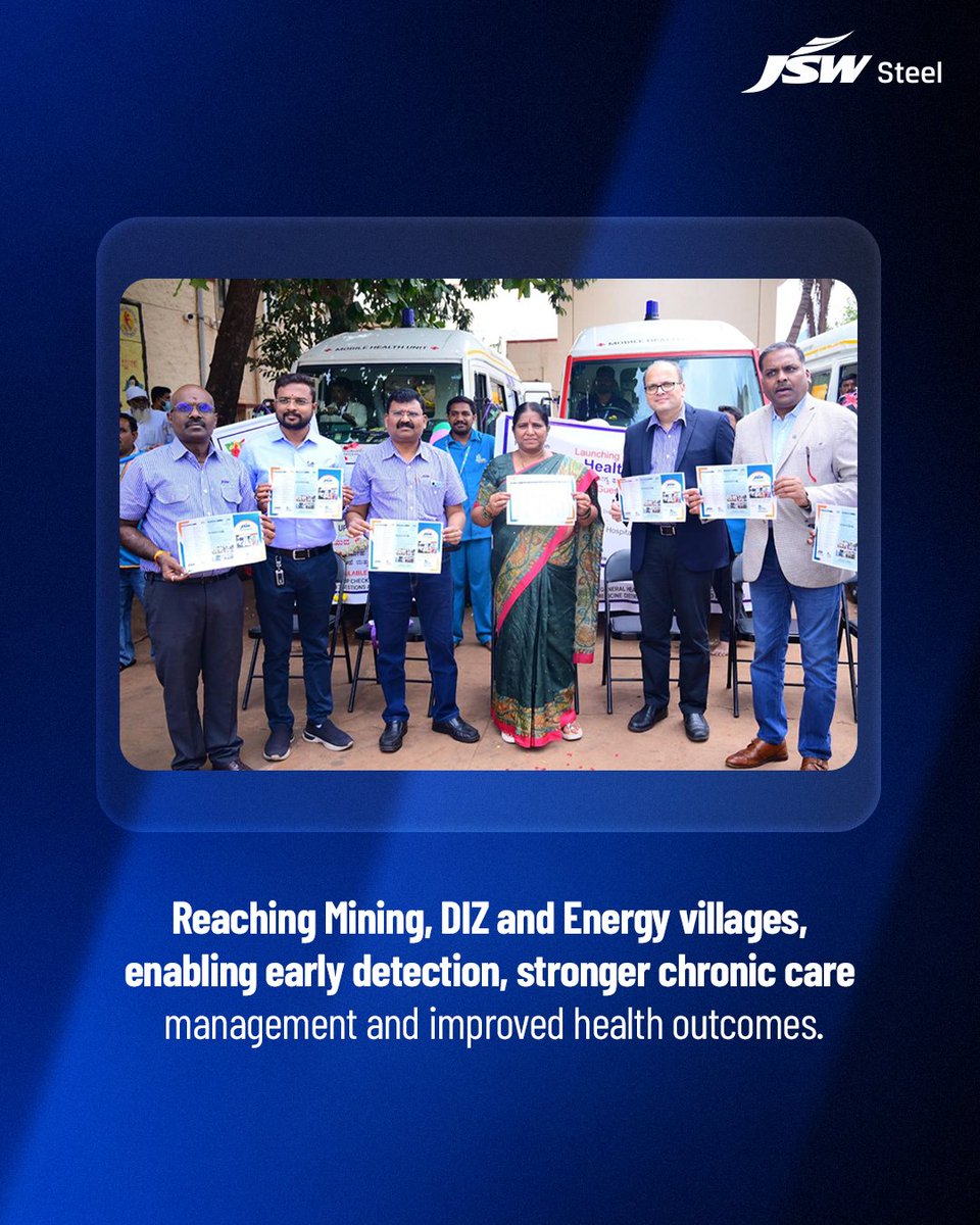 jswsteel's tweet photo. Reimagining access to care, we at JSW are strengthening community health in Sandur with the launch of three Mobile Health Units. Reaching 90 villages, the initiative delivers preventive services, early diagnosis and continuous medical support, bringing quality care closer to every doorstep. Together, we are building stronger, healthier communities.

#JSWSteel #InnovationIsAlwaysAround #CommunityHealth #HealthcareForAll #MobileHealthUnits