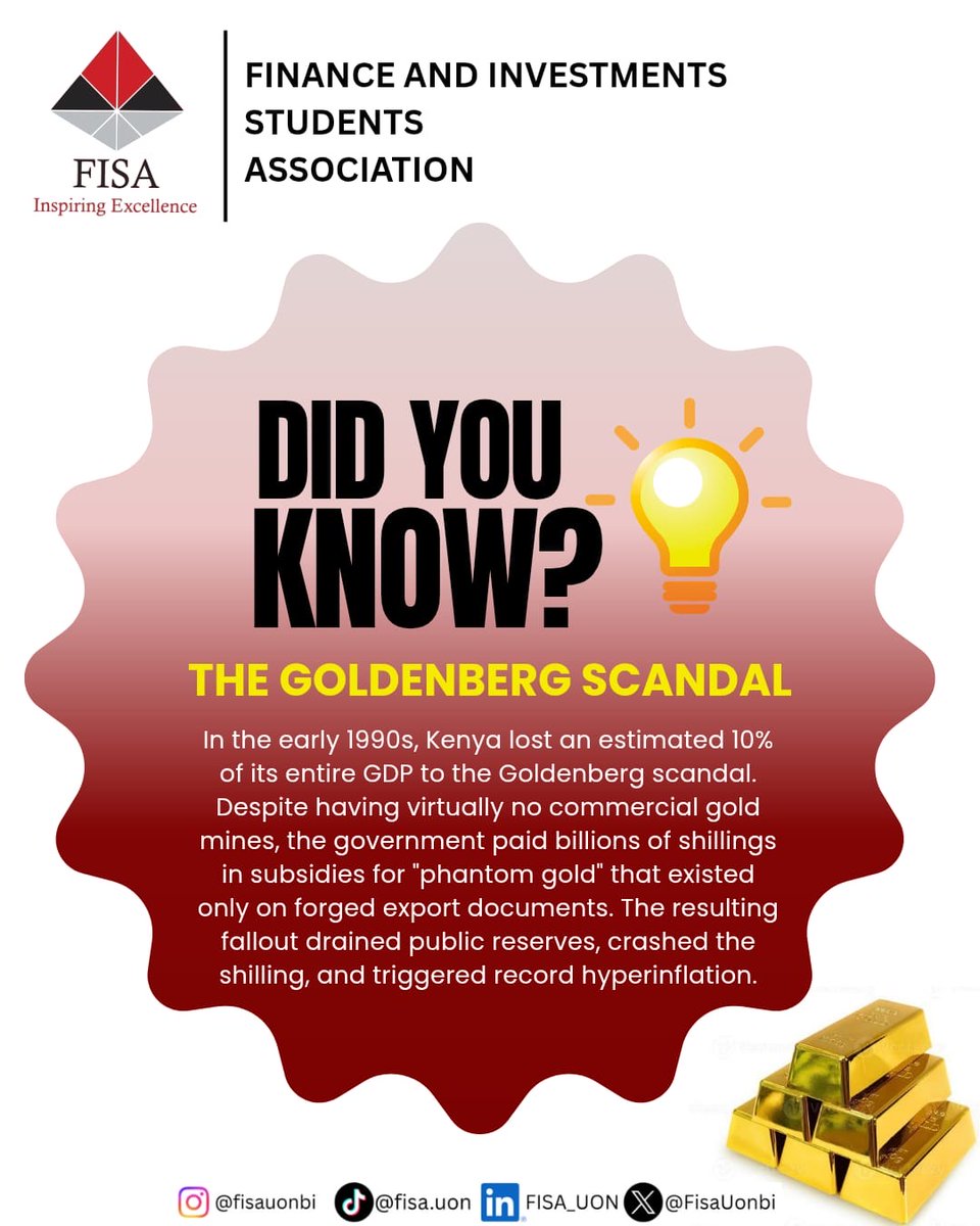 FisaUonbi's tweet photo. In the 1990s, the Goldenberg scheme siphoned nearly 10% of Kenya's GDP using forged export documents for phantom gold and diamonds. The fallout triggered historic hyperinflation and crippled the shilling, leaving an entire nation to pay the price.
#FISA ​#KenyanHistory https://t.co/ziDZKouXKk