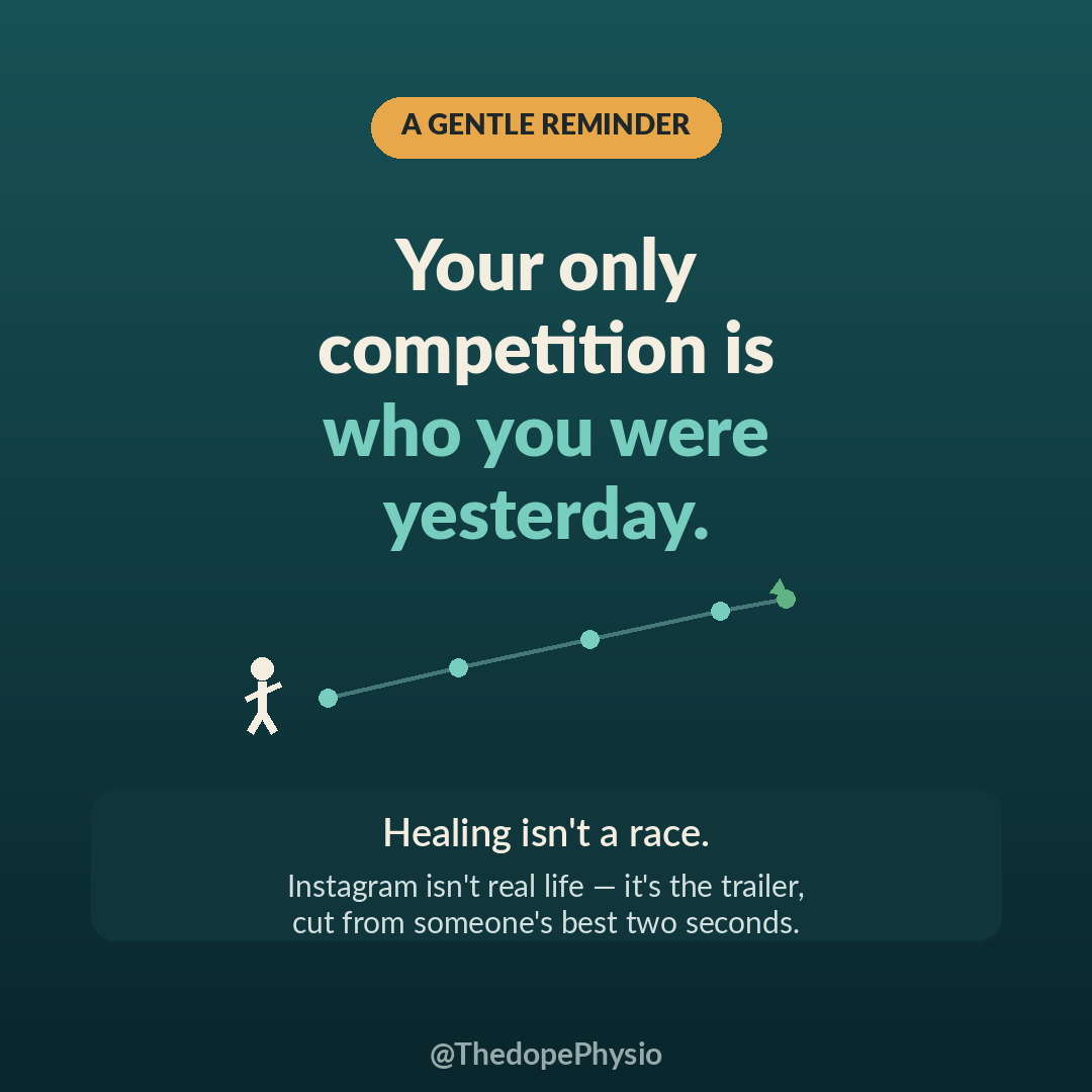 ThedopePhysio's tweet photo. Let me tell you about a patient I'll never forget.

She was recovering from a knee surgery, doing well, ahead of schedule. Then one evening she came in flat, defeated, ready to quit. I asked what happened. She'd been watching someone online, same surgery, same week, already jogging, already back in the gym, smiling in every clip. And she looked at her own slow, careful steps and decided she was failing.

She wasn't failing. She was healing beautifully. She was just measuring her insides against somebody else's highlight reel.

We all do it. You scroll, and everyone looks further ahead than you. Fitter. Faster. Happier. More healed. And something in your chest tightens and whispers that you're behind. That you're not enough. That everyone else got the manual you missed.

Here's the truth I want you to sit with tonight. That thing you're comparing yourself to isn't real. Instagram isn't life. It's the trailer, cut from the best two seconds of someone's month. You never see their bad days, their setbacks, their 2am fears. You're comparing your full, messy, honest story to their carefully chosen photo. That's not a fair fight, and it was never meant to be one.

And healing especially is not a race. Bodies don't recover on the same timeline. Grief doesn't. Growth doesn't. The person "ahead" of you online might be limping in ways the camera doesn't show. Your slow progress is still progress. Quiet, unglamorous, real.

So here's my gentle reminder: your only true competition is who you were yesterday. Not that stranger with the ring light. You. A little stronger, a little kinder to yourself, a little further along your own road.

Look back at how far you've come. That's the only comparison that heals.

What's one win, however small, that you're proud of this week? 👇
#MentalHealthSurvivor #Healing #Physiotherapy #Nigeria