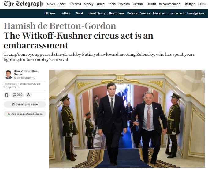 jurgen_nauditt's tweet photo. Steve Witkoff and Jared Kushner’s visits to Moscow and Kyiv are a “circus” and a “disgrace” – The Telegraph

The article states that Putin is in a difficult position and that attempts by American envoys to throw him a “lifeline” are concerning. Furthermore, the pressure on Kyiv to make territorial concessions amounts to an insult to the Ukrainian people and sends a dangerous signal to Europe.

The newspaper notes that Witkoff visited Moscow multiple times but traveled to Kyiv only once. The Telegraph also contrasted the American representatives' behavior during the meetings: in Moscow, they offered Putin “smiles, praise, and ostentatious goodwill,” whereas their embraces with Zelenskyy in Kyiv appeared “perfunctory and awkward.”

The paper described the entire affair as the “Witkoff-Kushner circus,” stating that such diplomacy threatens to confirm fears regarding US support for Ukraine under Trump—namely, that it amounts to “more hot air than genuine military strength.”