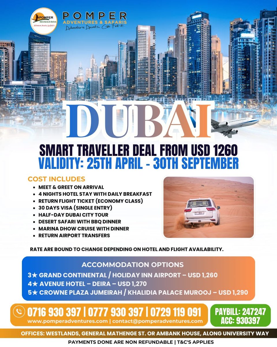 PomperSafaris's tweet photo. Dubai is calling! ✈️ Experience 4 nights of luxury, desert safaris, and dhow cruises starting from just USD 1,260. Book your gateway package today! 🌆✨ https://t.co/ScyhEdluXu