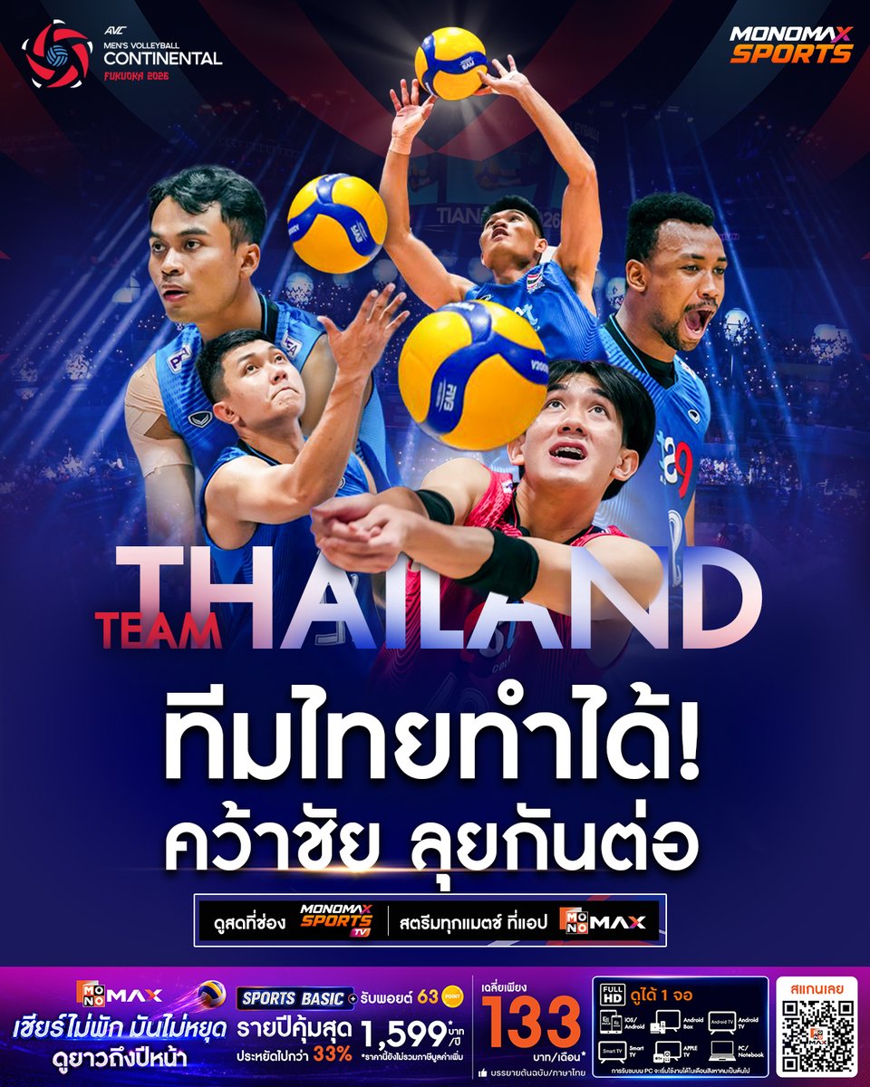 MonomaxSportsTV's tweet photo. #ชิงแชมป์เอเชียชาย | 🇹🇭 ทีมไทยทุบไทเป คว้าชัยลุยกันต่อ💥🏐 
. 
ตบสะเทือนสนาม! หนุ่มไทยโช���์ฟอร์มเข้ม ตบ ชนะ ไชนีส ไทเป ไป  3-2 เซต สุดมันส์ ลิ่วลุยต่อรอบถัดไปแบบสุดสะใจ! ตบให้สุดแรง ใส่สุดพลัง... แฟนไทยเชียร์อยู่นะ มุ่งหน้าลุยต่อ 🇹🇭🔥✨ 
.
📺 ดูสด: ช่อง MONOMAX SPORTS TV 
📱 สตรีมมิ่งสดทุกแมตช์: แ��ป MONOMAX (สมัครแพ็กเกจรายปีสุดคุ้ม ดูยาวๆ ถึงปีหน้า)  
.
-----------------------------------------------------
🏐 💥 แฟนวอลเลย์ตัวจริงห้ามพลาด! จัดเต็มความมันส์ ทุกลีกฮิต! กับศึกการแข่งขันวอลเลย์บอลทั้ง Volleyball Nations League, SV.League, Beach Pro Tour, AVC Champions League และลีกอื่น ๆ อีกเพียบ จาก Volleyball World รวมแล้วกว่า 3,000 แมตช์ต่อปี
.
📌แพ็กเกจ SPORTS BASIC
ราคารายเดือน 199 บาท
ราคารายปี 1,599 บาท (เฉลี่ยเพียงเดือนละ 133 บาท)
.
เริ่ม 1 มิถุนายน 2569 – 31 พฤษภาคม 2570
สมัครเลย! ได้ที่ https://t.co/Ge2gNiySVQ
👉🏻เสิร์ฟความมันส์ตรงจากสนามถึงหน้าจอคุณ
📺 เชียร์ฟรีที่ช่อง MONOMAX SPORTS TV
📱 เชียร์ครบทุกแมตช์ ที่แอป MONOMAX

#MONOMAX #MONOMAXSPORTS #VOLLEYBALL 
#วอลเลย์บอล #วอลเลย์บอลชิงแชมป์เอเชียชาย 
#ชิงแชมป์เอเชียชาย2026 #AVCMenContinental2026  #วอลเลย์ทีมไทย  #วอลเลย์บอลชาย #วอลเลย์บอลชายทีมชาติไทย #ทีมชาติไทย