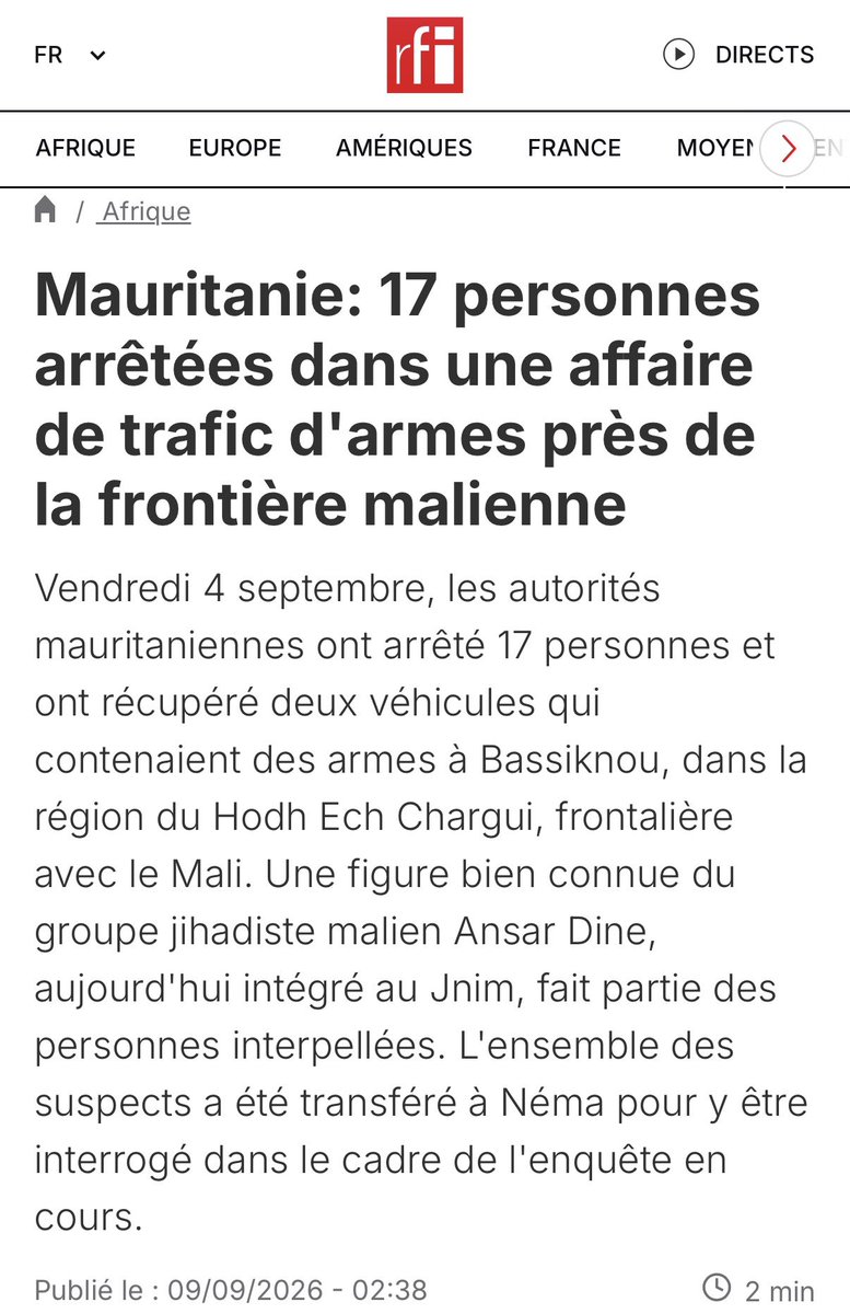 owen11154's tweet photo. Sanad Ould Bouamama, former spokesman of Ansar Dine and now aligned with JNIM, has been arrested in Mauritania allegedly for arms trafficking from Mali into Mauritania.

Other explanations are floating around, including the allegations that he was actually dealing said arms to https://t.co/MJ8fph1yYx