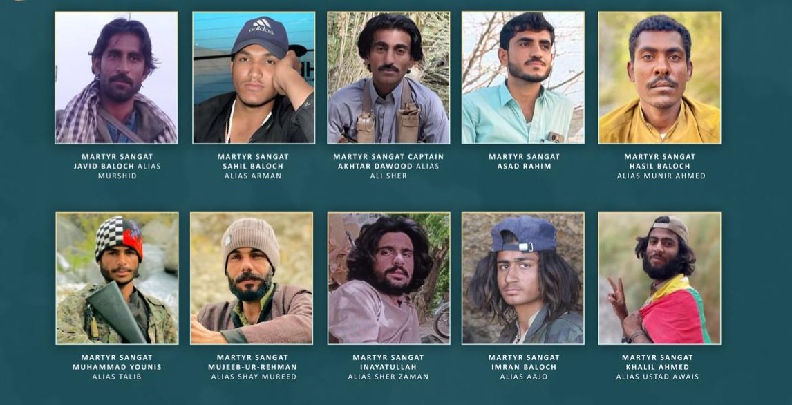 TBN_Balochistan's tweet photo. Balochistan Liberation Front (BLF) has released details of ten of its members who were killed during the course of its armed campaign, paying tribute to them.

According to a statement issued by BLF spokesperson Major Gwahram Baloch, Captain Akhtar Dawood, Khalil Ahmed alias Ustad Owais, Imran alias Ajo, Hasil alias Munir Ahmed, Inayatullah alias Sher Zaman, Asad Rahim, Mujeebur Rahman alias Shay Mureed, Sahil alias Arman, Javed alias Murshid, and Muhammad Younis alias Talib were killed in separate clashes and incidents.

The organization also released details regarding their backgrounds, organizational roles, and activities in different areas, and paid tribute to them.