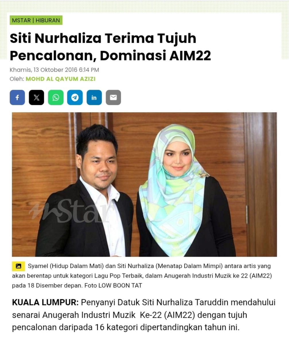 f4uz1_'s tweet photo. Tak terkejut Siti Nurhaliza dominasi AIM 25 sebab dia layak &amp; AIM lepas2 pun (contoh dekat gambar) dia dah pernah mendominasi beberapa kali (7/8 pencalonan). Setiap kali mendominasi.. kategori vokal, album, susunan muzik dia akan menang. May history repeats itself, أَمِيْن #AIM25 https://t.co/Xct6wOhfwk