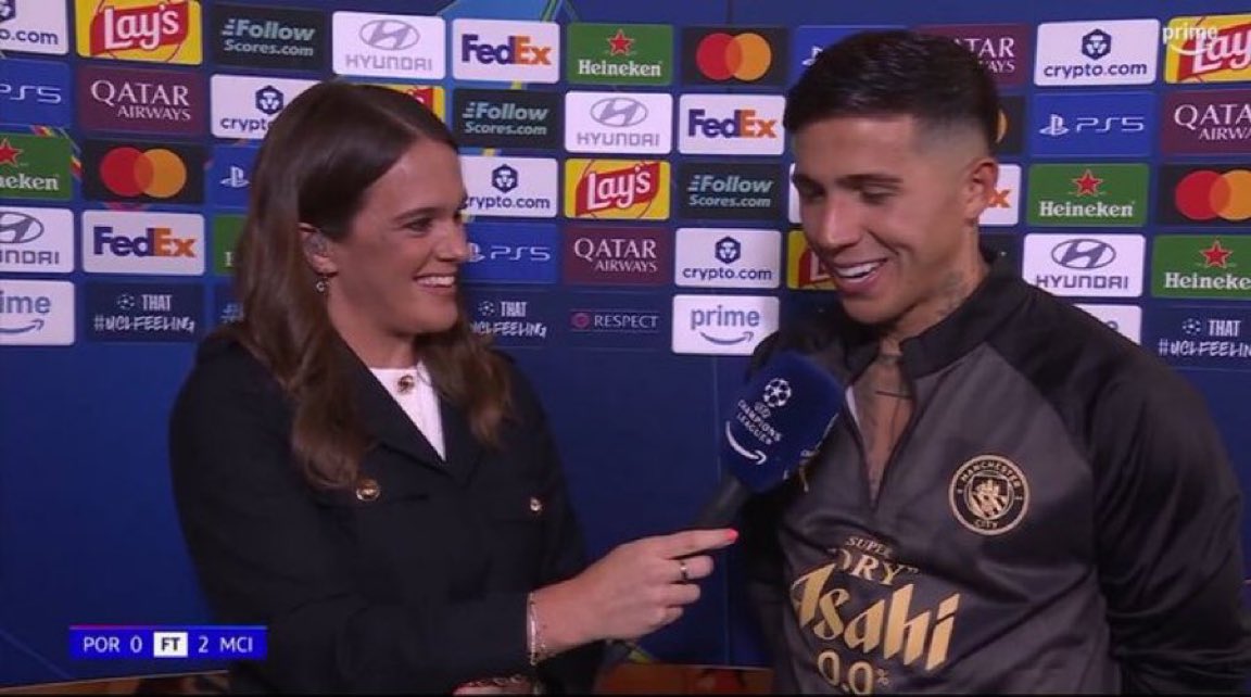 EPLBible's tweet photo. Interviewer:  🗣️ “You look happy tonight…” 

Enzo Fernandez: 🗣️ “That’s because I am playing in the Champions League.” https://t.co/NY5zYrB8v4