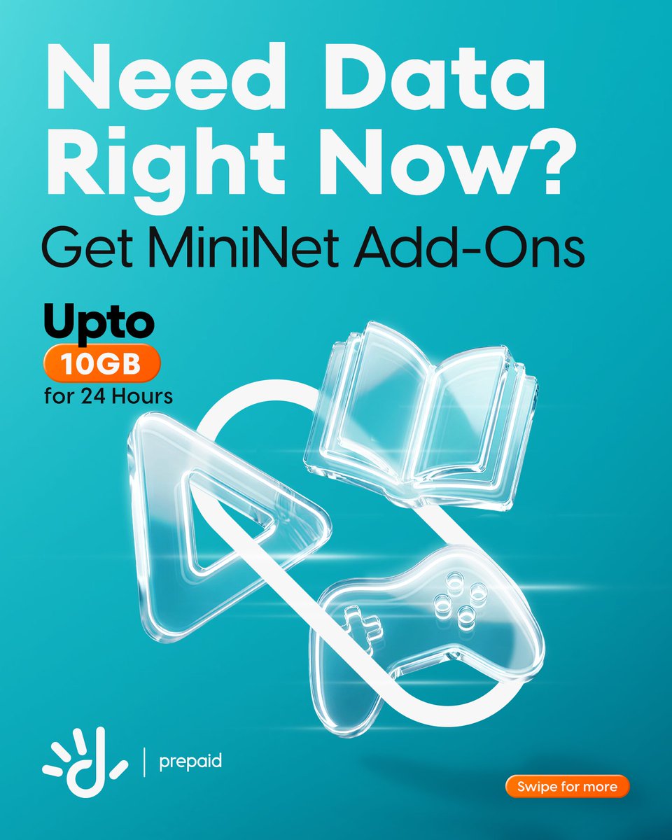 Advertisement reading 'Need Data Right Now? Get MiniNet Add-Ons Up to 10GB for 24 Hours' with icons of book, play button, and game controller.