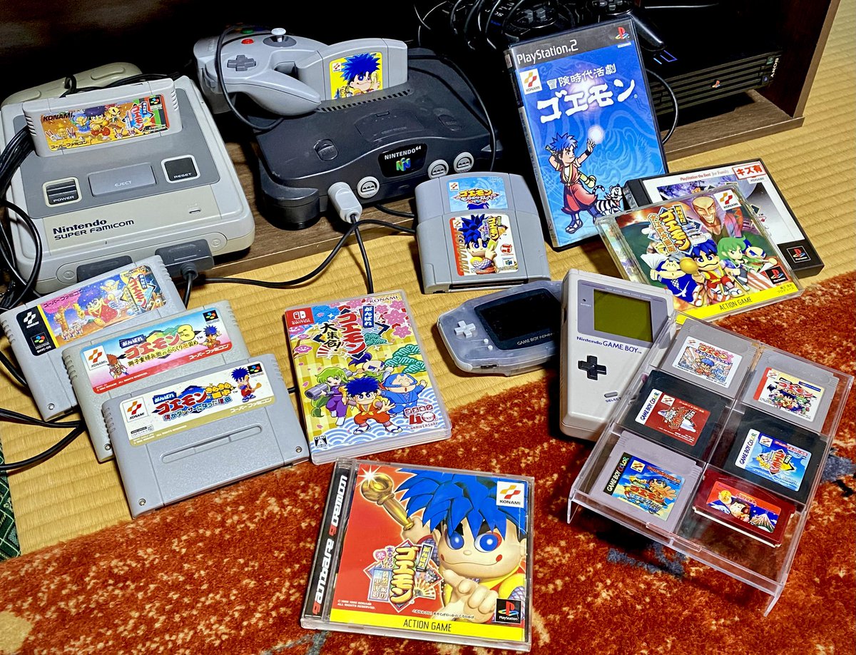 yakigashinoki's tweet photo. #がんばれゴエモン40周年の思い出 
がんばれゴエモンシリーズで初めてプレイした作品は綾繁一家でした…！
高校の帰りに中古屋に行ったり、18歳の誕生日に念願だった64を買ってもらったり…受験の時に彼らの明るさに助けてもらったこともありました！！
がんばれゴエモンありがとう…！！ https://t.co/M988Kp5qEp