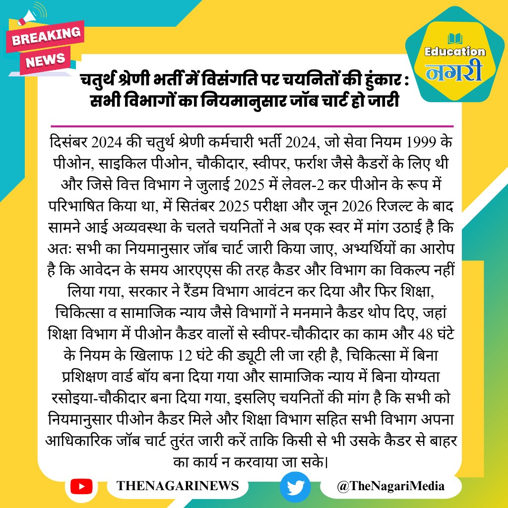 educationnagari's tweet photo. चतुर्थ श्रेणी भर्ती में विसंगति पर चयनितों की हुंकार : सभी विभागों का नियमानुसार जॉब चार्ट हो जारी
#EducationNagari https://t.co/ms6UN5JQpm