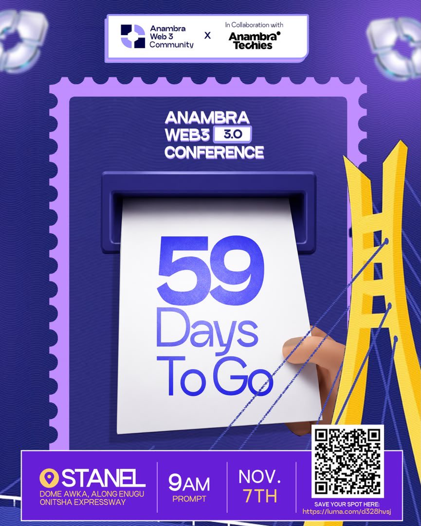 _DeeVyn's tweet photo. 🚨 59 DAYS TO GO! 🚨

The countdown to Anambra Web3 Conference 3.0 is on! 🔥

📅 November 7, 2026
🎟️ Register FREE: https://t.co/hpi3iAoXgw

This year, we’re bringing builders, founders, creators, and innovators together for *The Next Wave of Decentralization.*

Hackathon. Big conversations. Bigger opportunities. @AnambraTechies @Anambraweb3 #Web3‌‌