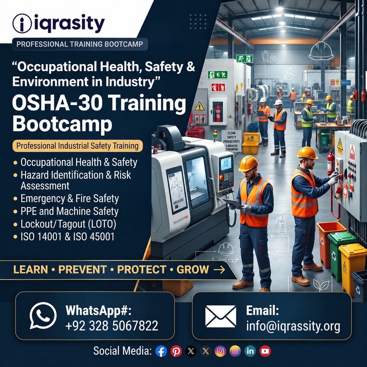 iqrasity's tweet photo. OSHA-30 TRAINING BOOTCAMP — PROFESSIONAL INDUSTRIAL SAFETY CERTIFICATION
#OSHA30 #OSHA #SafetyTraining #IndustrialSafety #WorkplaceSafety #HSE #HealthAndSafety #SafetyProfessional #RiskAssessment #LOTO #MachineSafety #FireSafety #ISO45001 #ISO14001 #Iqrasity #ProfessionalTraining https://t.co/dn8Yduo26N