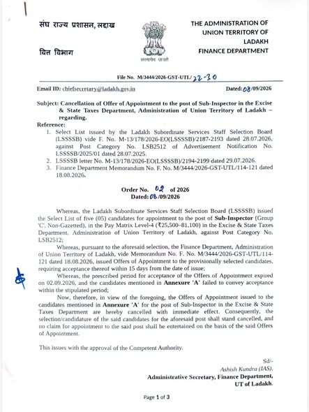 GulistanNewsTV's tweet photo. Ladakh: Administration cancels the offer of appointment for the post of Sub Inspector in the Excise & State Taxes Department. Candidates are advised to read the official notice for details.
#Ladakh #SubInspector #ExciseDepartment #StateTaxes #AppointmentNotice https://t.co/cGlAfO5TIQ