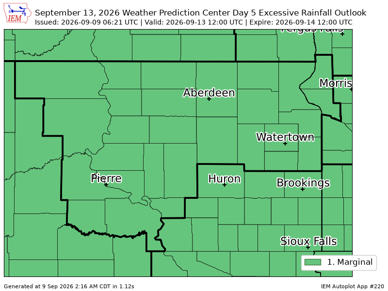 mn_iembot's tweet photo. WPC issues Day 5 Marginal Risk Excessive Rainfall Outlook at Sep 9, 6:21z for ABR https://t.co/4pFpHlhpv7 https://t.co/27tJAHV4bm