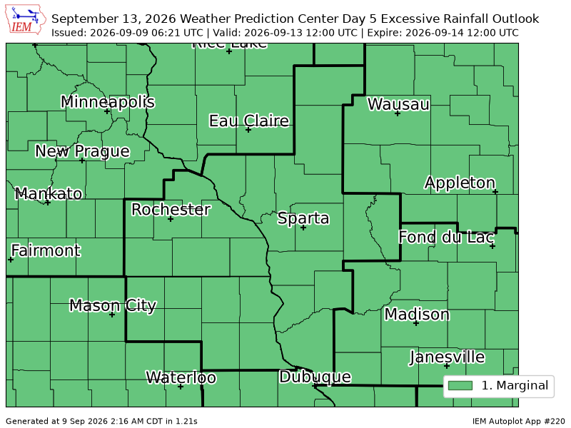 mn_iembot's tweet photo. WPC issues Day 5 Marginal Risk Excessive Rainfall Outlook at Sep 9, 6:21z for ARX https://t.co/4pFpHlhpv7 https://t.co/sfSo7e5luO