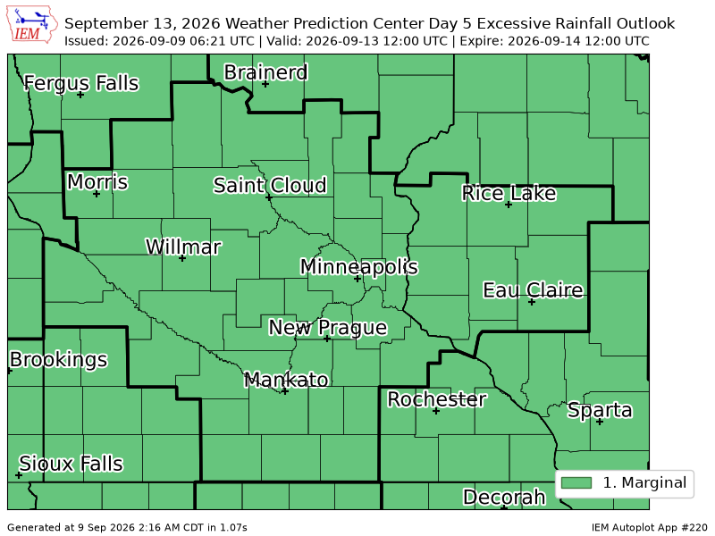mn_iembot's tweet photo. WPC issues Day 5 Marginal Risk Excessive Rainfall Outlook at Sep 9, 6:21z for MPX https://t.co/4pFpHlhpv7 https://t.co/cTMJBO74qN