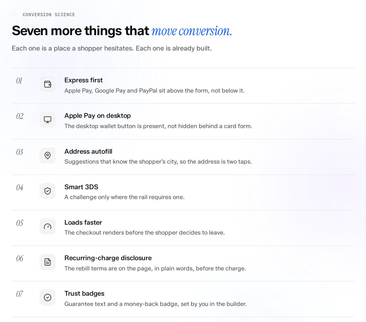 Revley_offical's tweet photo. A checkout doesn't lose the sale in one place.

It loses it in seven.

→ Wallets buried under a card form

→ No Apple Pay on desktop

→ An address typed field by field

→ A 3DS challenge on every order

→ A page that renders after the shopper has left

→ Rebill terms hidden in a footer

→ A trust badge that isn't there

Each one is a place the shopper hesitates.

We built all seven so you don't have to think about any of them.

Express first. Apple Pay on desktop too. Two-tap address. Smart 3DS. Loads before they blink. Terms in plain words. Guarantee on the page.

Then we tested it every day with our own agents.

Revley Checkout.