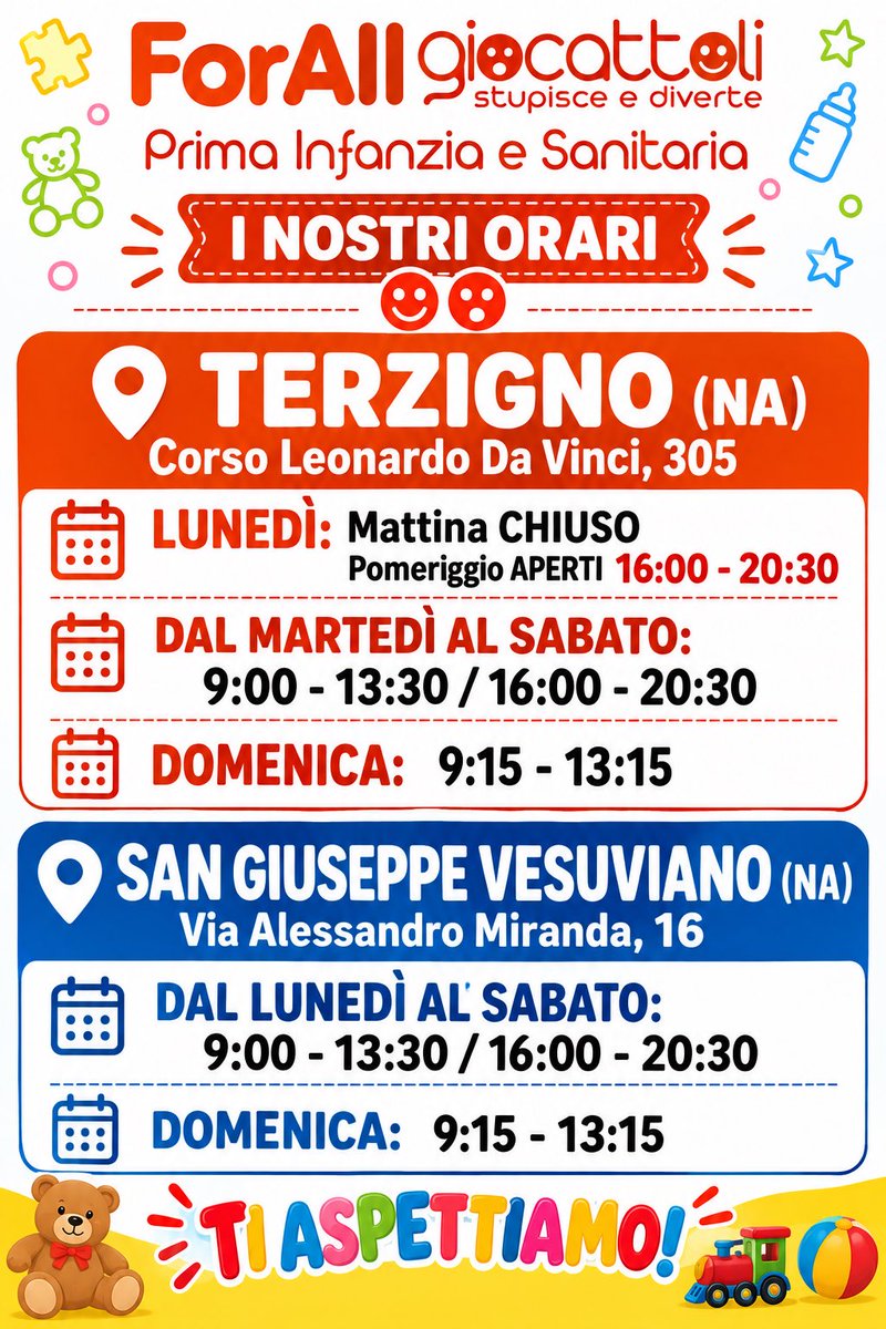 ForAllGiocattol's tweet photo. I nostri orari:
Terzigno aperto tutti i giorni tranne il lunedì mattina.
San Giuseppe Vesuviano aperto tutti i giorni compreso il lunedì mattina. https://t.co/qJyN8dkrz3