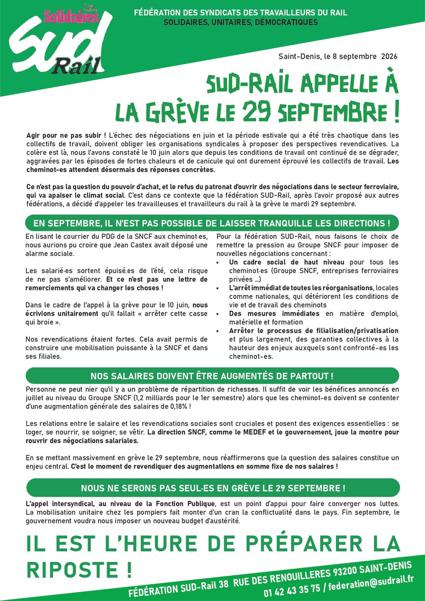 Fede_SUD_Rail's tweet photo. 🟢 Agir pour ne pas subir ! La fédération #SUDRail à décidé d’appeler les travailleurs•ses du rail à la grève le #29septembre. 

🔥 Il est l’heure de préparer la riposte #sociale ! https://t.co/MVOgt2DfWw