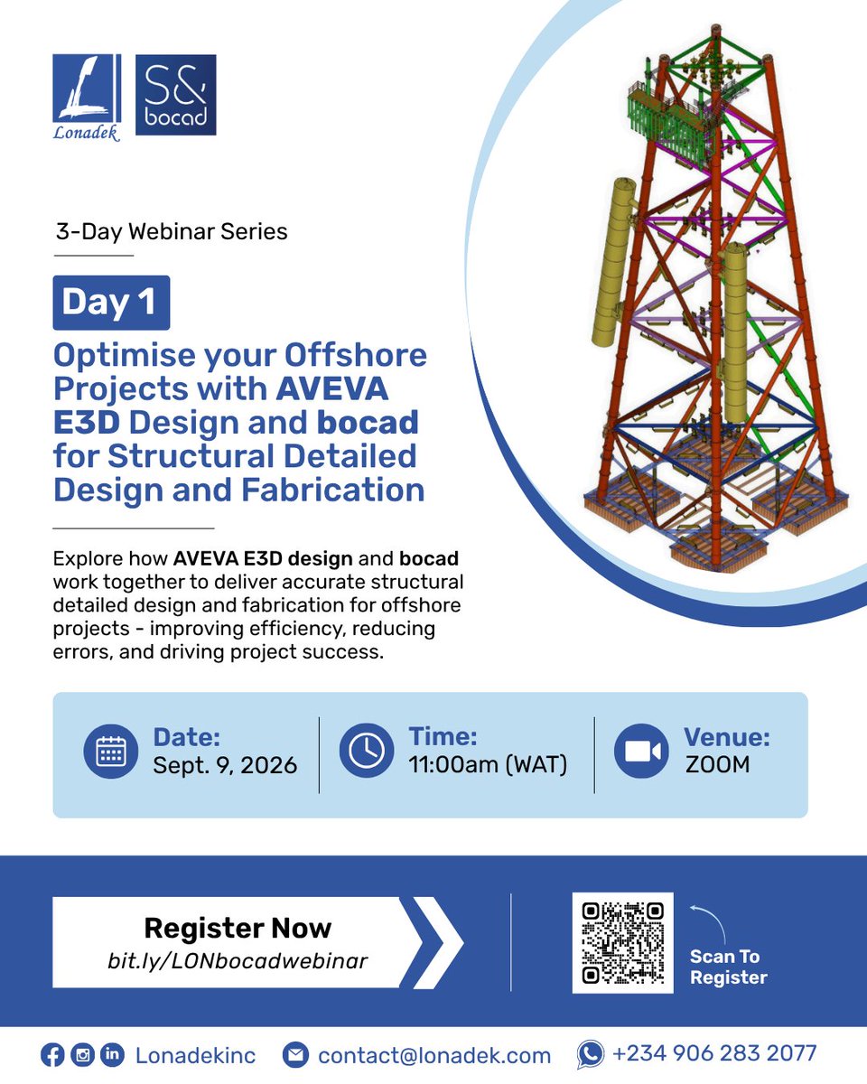 LonadekInc's tweet photo. Day 1 of the bocad Webinar Series is here!
Join us at 11am, let's see how AVEVA E3D Design and bocad can help bring greater efficiency, accuracy and coordination to complex offshore projects.
Register now via: https://t.co/fc9HnMieSX
#Lonadek #bocad #Engineering https://t.co/RORVtDZtkL
