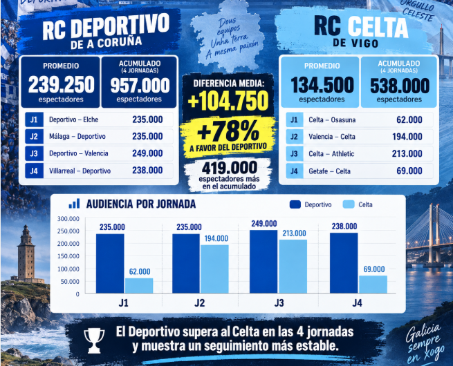 RyderBabel's tweet photo. 📺⚽ Batalla gallega en TV tras 4 jornadas de LaLiga:

El RC Deportivo gana en seguimiento al RC Celta con una media de 239.250 espectadores por partido frente a 134.500.

👉 +78% a favor del Dépor
👉 419.000 espectadores más en el acumulado
🔵 El Dépor, además, domina en las 4 jornadas.

📺👀 Ojo a la próxima jornada:
🔵 Getafe–Celta: 69.000 espectadores
⚪🔵 Getafe–Dépor: ¿?