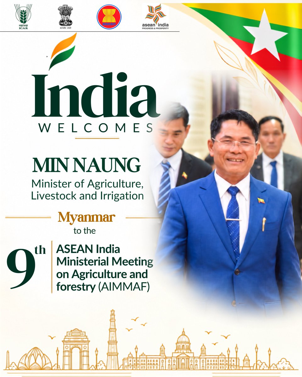 icarindia's tweet photo. 🇮🇳 India warmly welcomes Min Naung, Minister of Agriculture, Livestock and Irrigation, Myanmar, to the 9th ASEAN–India Ministerial Meeting on Agriculture &amp; Forestry (AIMMAF). #AIMMAF #ASEANIndia @ChouhanShivraj @mpbhagirathbjp @RNK_Thakur @PIB_India @mygovindia @AgriGoI https://t.co/yOBRShGfAM