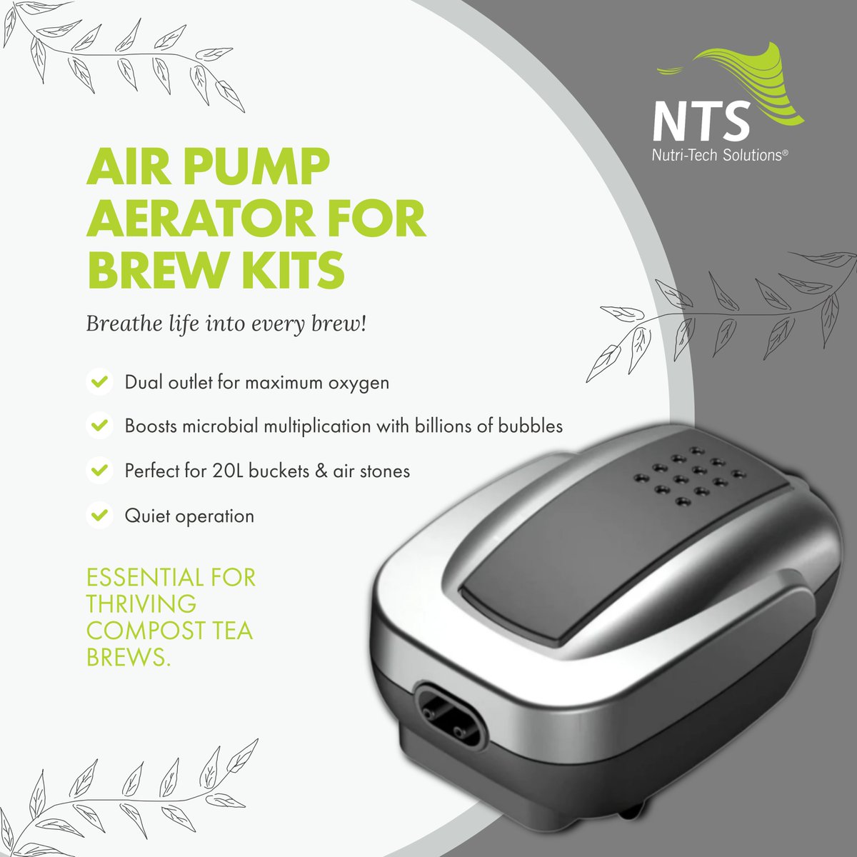 ntsaustralia's tweet photo. More oxygen. More microbes. 💨

This quiet dual-outlet aerator is designed for 20L brew kits, delivering the oxygen needed to multiply beneficial soil microbes.

A simple tool for better microbial brewing and soil health.
🛒 Buy here: https://t.co/eLOhWQGhR3

#AirPumpAerator https://t.co/6WDYmi3pEb