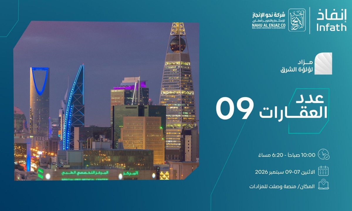 AlenjazN's tweet photo. ساعات وينتهي مزاد لؤلؤة الشرق 
اقتنص الفرصة وشارك الان!!

📆 ينتهي المزاد
اليوم 2026/09/09م 
🕒الساعة 5:00  -  6:20 

تحت اشراف مركز الاسناد والتصفية #إنفاذ وبقرار من محكمة ال��نفيذ. 

🔗 للمشاركة:
https://t.co/KdTE131b1h

🔗 للمزيد من التفاصيل:
https://t.co/KI16fGi7Bk

@infathAuctions | @infath_sa