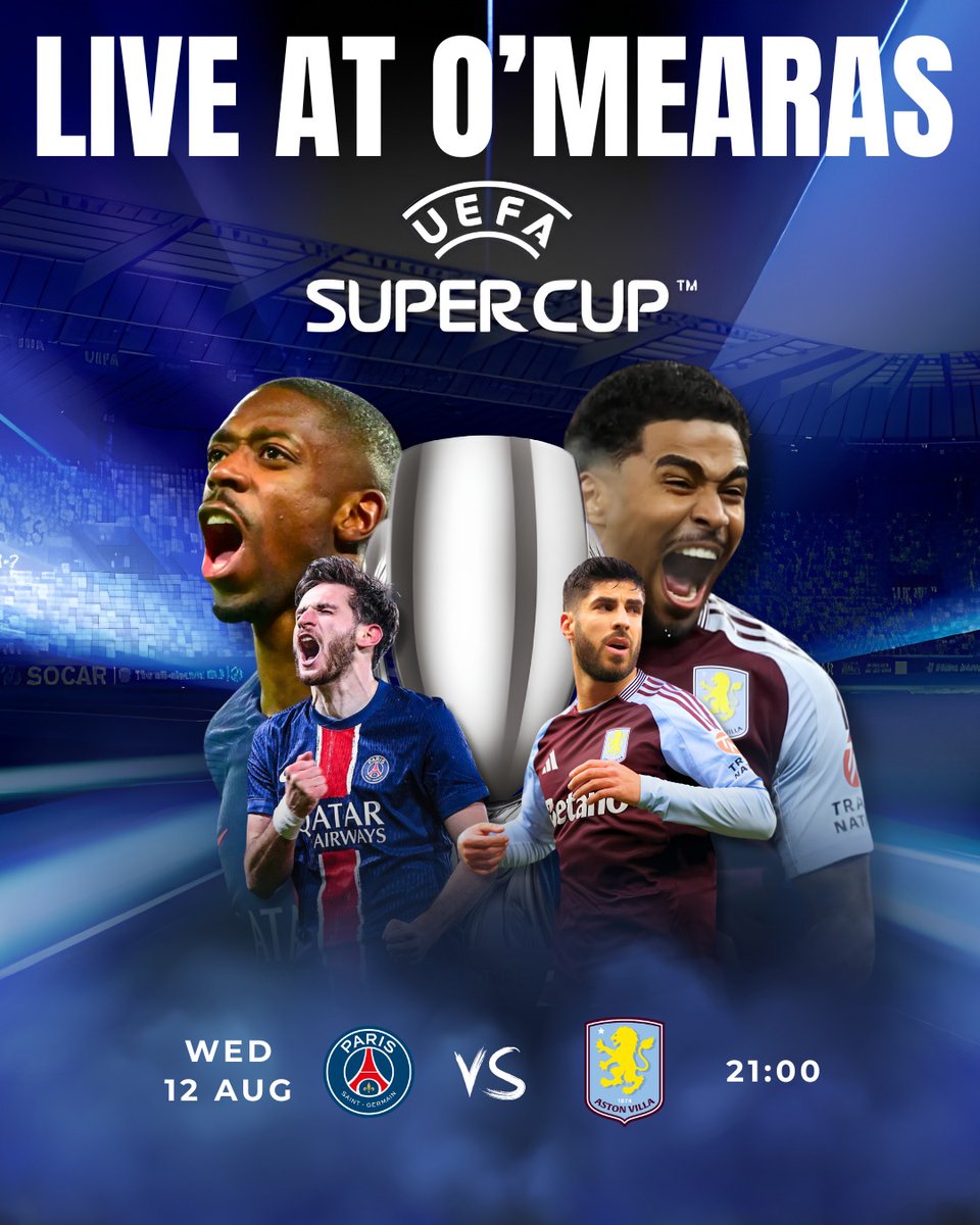 MaymeUpchuialc's tweet photo. THE SUPER CUP LIVE AT O’MEARAS! PSG take on Aston Villa on Wednesday 12 August at 21:00, live on the big screen. Big match. Big screen. Cold pints. Gather your mates and enjoy every minute at the pub. Wednesday 12 August
Kick-off: 21:00
Live at https://t.co/ss7i04NXTD