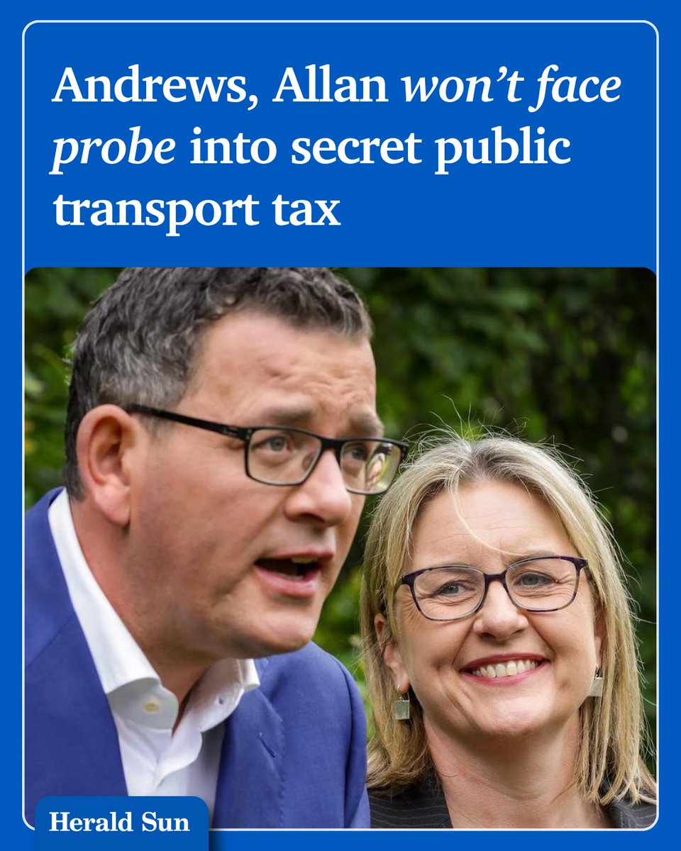 theheraldsun's tweet photo. Daniel Andrews and Jacinta Allan won’t be called to testify at a parliamentary inquiry into their secret tax on public transport users after five MPs joined forces with Labor to block the move to probe the mystery tax. > https://t.co/qzysSiZTPy https://t.co/EU0Q8MNowf