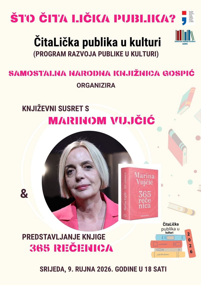 marinavujcicma's tweet photo. ČitaLička publiko, vidimo se danas u 18 sati u Gospiću! https://t.co/fJ1ilLCThi