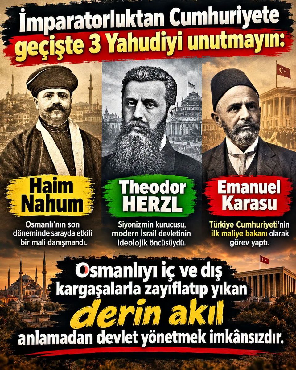 savunandavadami's tweet photo. Bu üç yahudiyi asla unutmayın. 

HAİM NAUM: 
II.ABDULHAMİD in kurmuş olduğu Osmanlı Bankası'nın, darbe sonrası altınlarına çöken Vehbi Koç ve İtalyadaki Bernart Naum'un babası. İ.İnönü'nün akıl hocası, lozanda gölgesi ve Winston Churchill'e karşı sizin istediğiniz bir laik devlet kurulacağına dair kefil olmuş kişi.

THEODOR HERZ: II.ABDULHAMİD'in Filistinden meselesinden dolayı huzurundan kovduğu, Siyoniz ve İsrail Devletinin kurucusu.

EMANUEL KARASSU: II.ABDULHAMİD'i tahtan indirenlerde, sebatayist, İttihat terakkici ve jöntürk. Mason locası kurucularından,