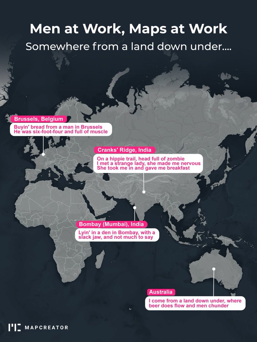 mapcreator_io's tweet photo. Who can it be now? Just a man in Brussels, a strange lady on a hippie trail and someone lying low in Bombay…

We followed the geography of Down Under and, well… it gets around.

#MenAtWork #LandDownUnder https://t.co/EqxYrootyk