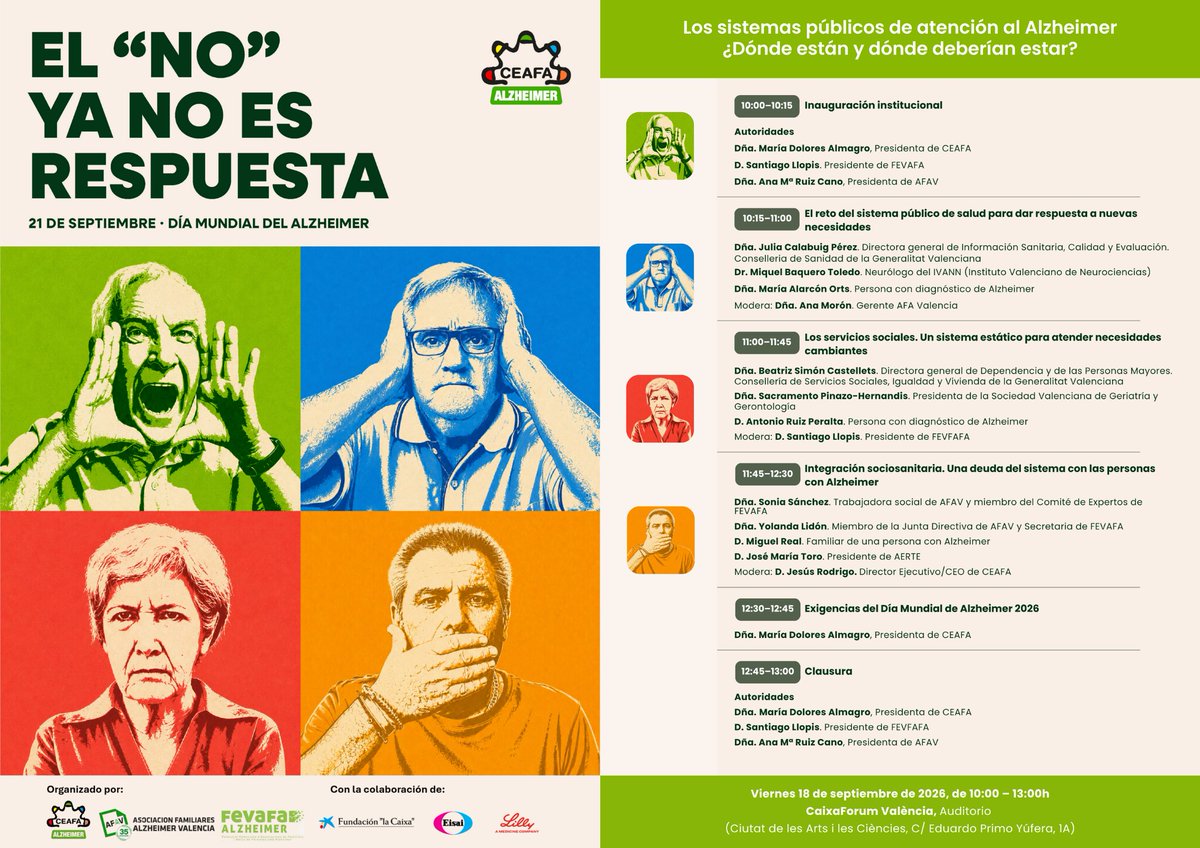 AlzheimerCeafa's tweet photo. Jornada #DíaMundialdelAlzheimer2026 en 📍@CaixaForum Valencia
🗓️18/09 🕙10:00

Sobre los retos para atender las necesidades de las personas con #Alzheimer

✍️Inscripción:
➡️https://t.co/8MTnO4y7PY

🗓️21/09 #DíaMundialdelAlzheimer

#ElNoYaNoEsRespuesta https://t.co/9LxmWLG4sb